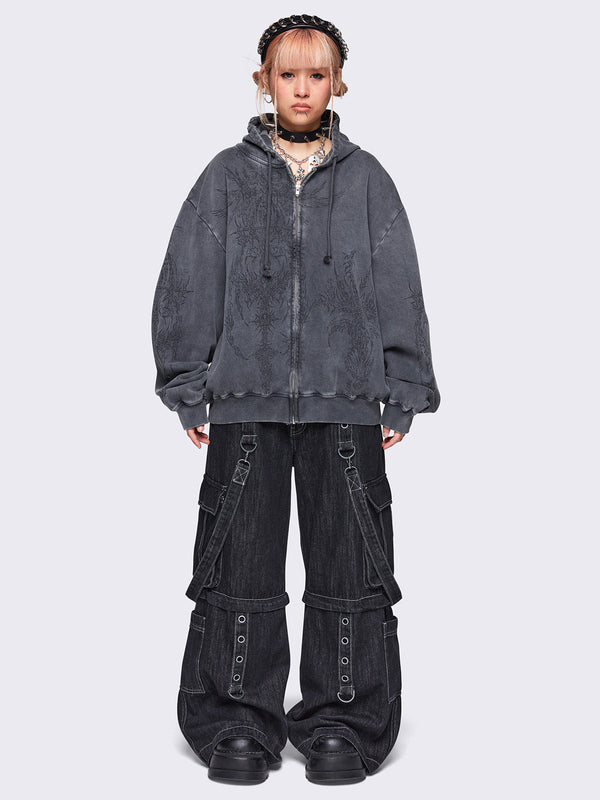 Enigmatic Grey Washed Zip Up Hoodie