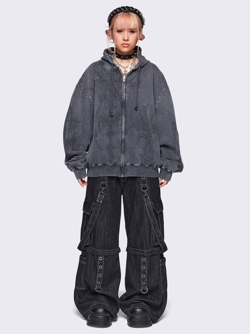 Enigmatic Grey Washed Zip Up Hoodie
