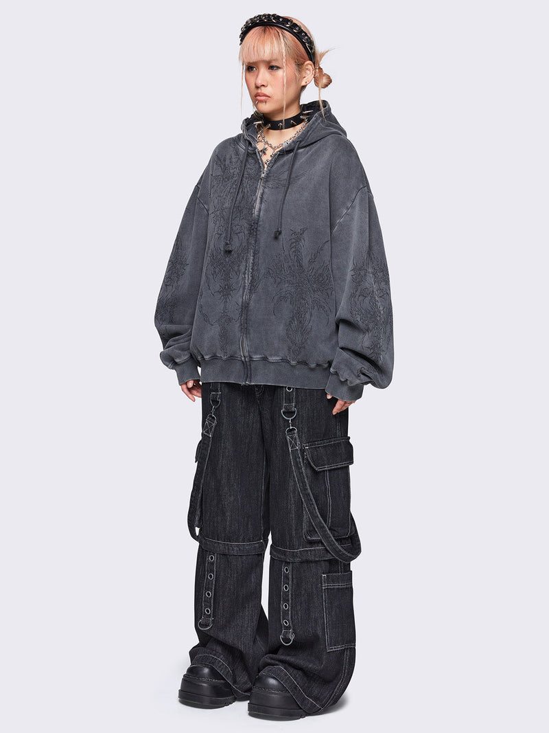 Enigmatic Grey Washed Zip Up Hoodie