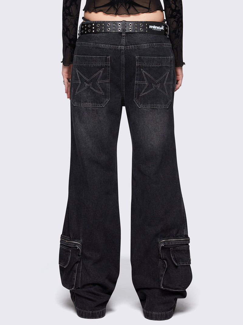 Crush Black Baggy Flared Jeans