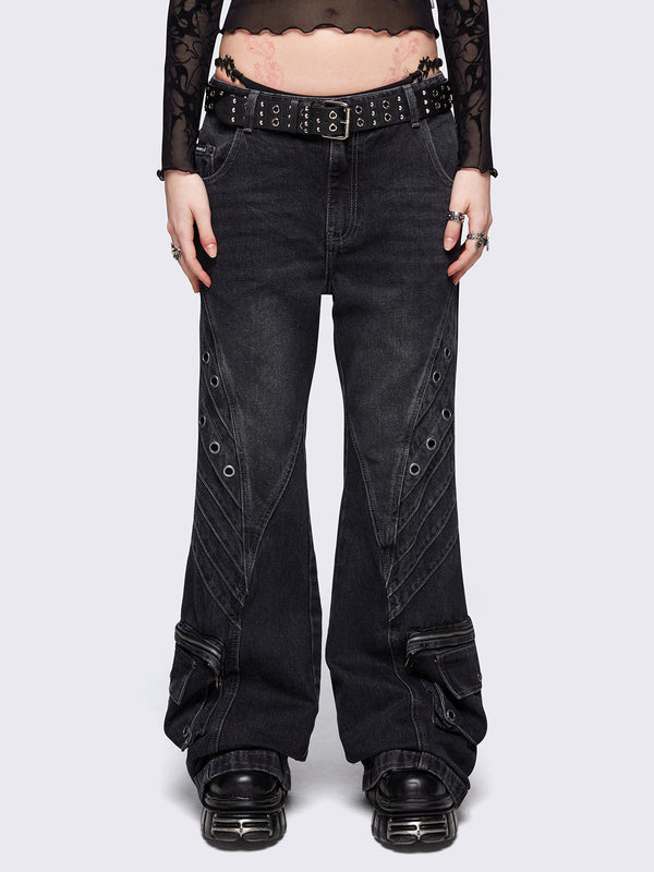 Crush Black Baggy Flared Jeans