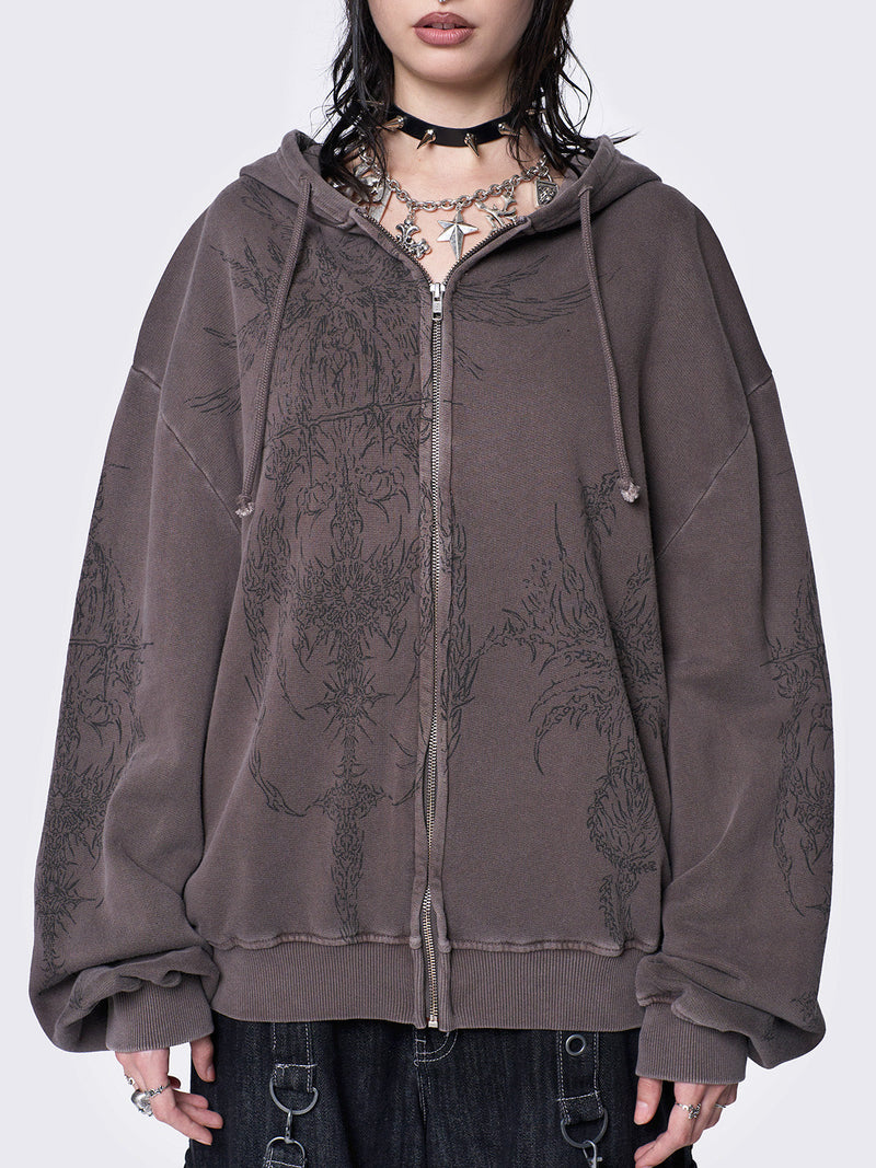 Enigmatic Brown Washed Zip Up Hoodie