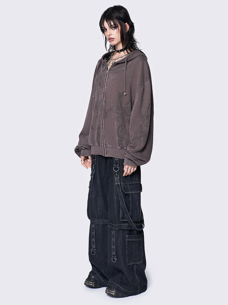 Enigmatic Brown Washed Zip Up Hoodie