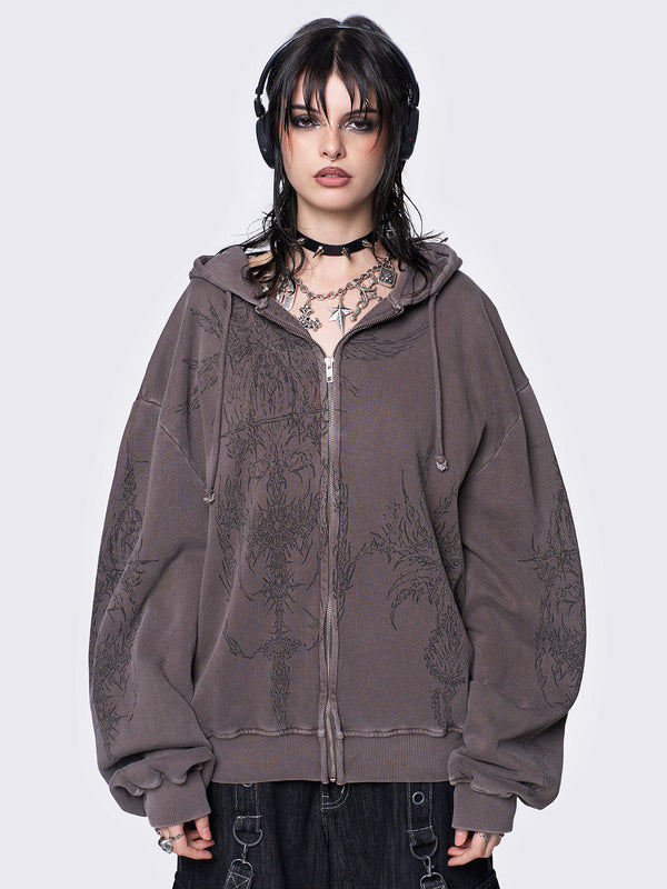 Enigmatic Brown Washed Zip Up Hoodie