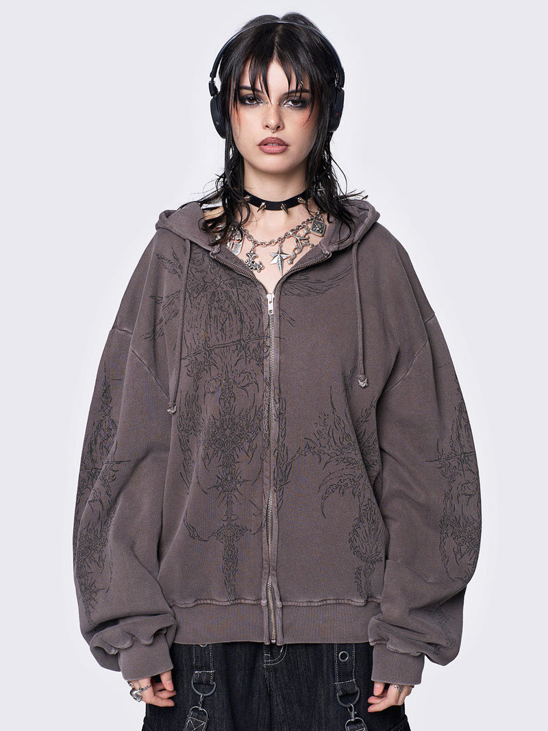 Enigmatic Brown Washed Zip Up Hoodie