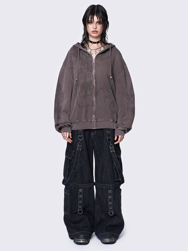 Enigmatic Brown Washed Zip Up Hoodie