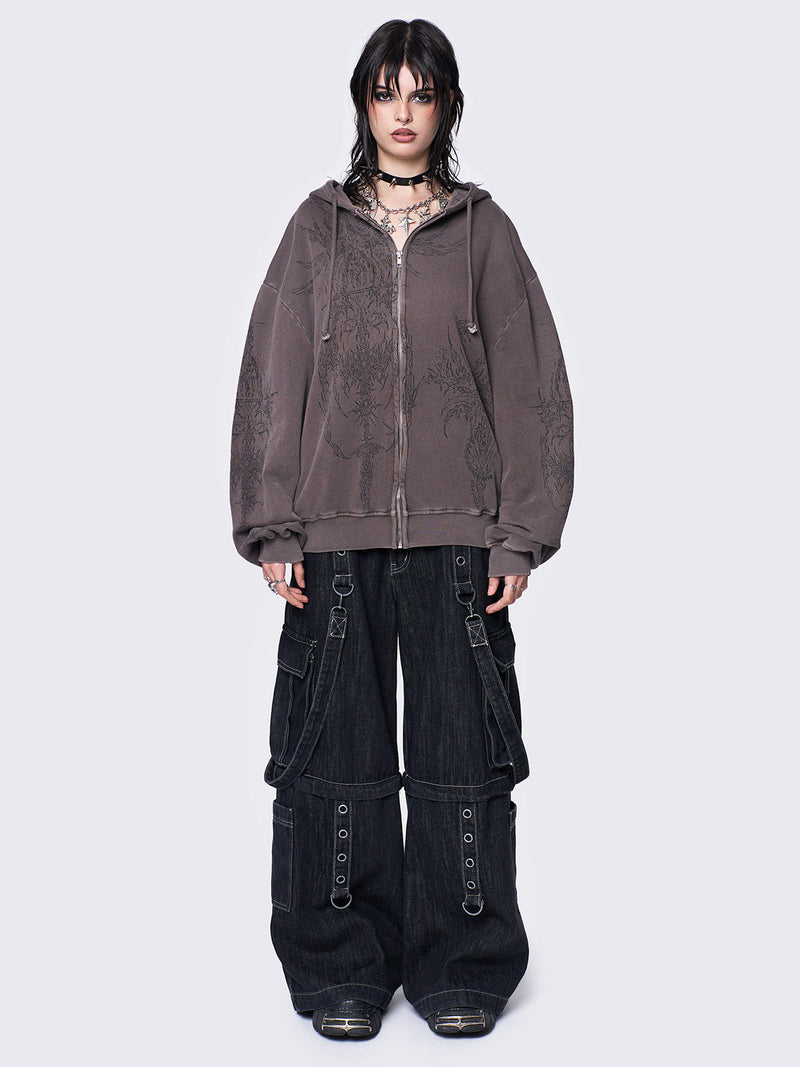 Enigmatic Brown Washed Zip Up Hoodie