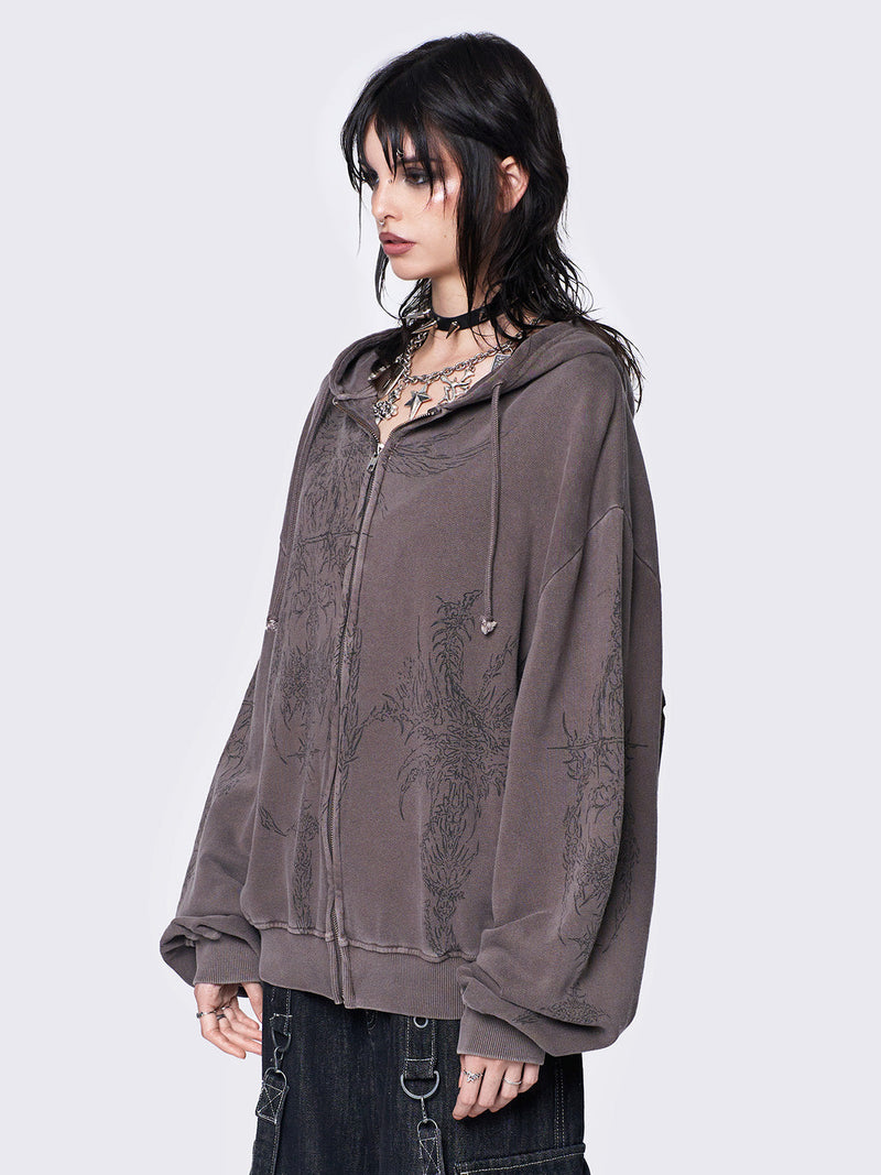 Enigmatic Brown Washed Zip Up Hoodie