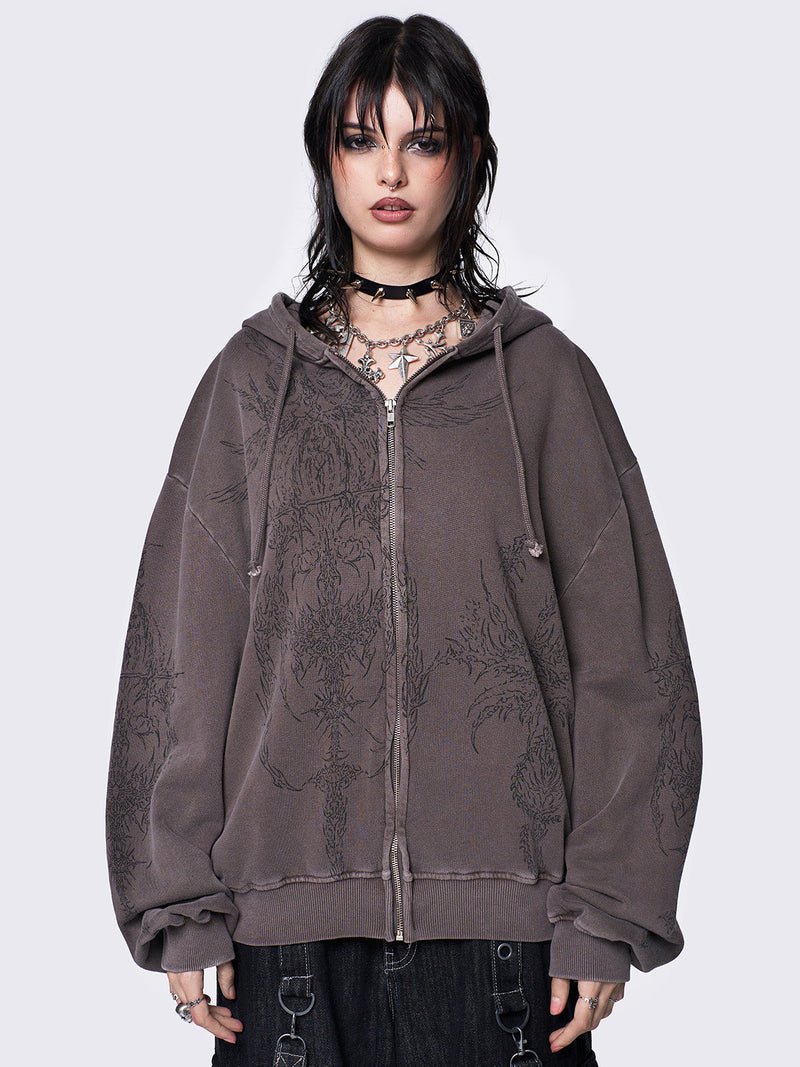 Enigmatic Brown Washed Zip Up Hoodie